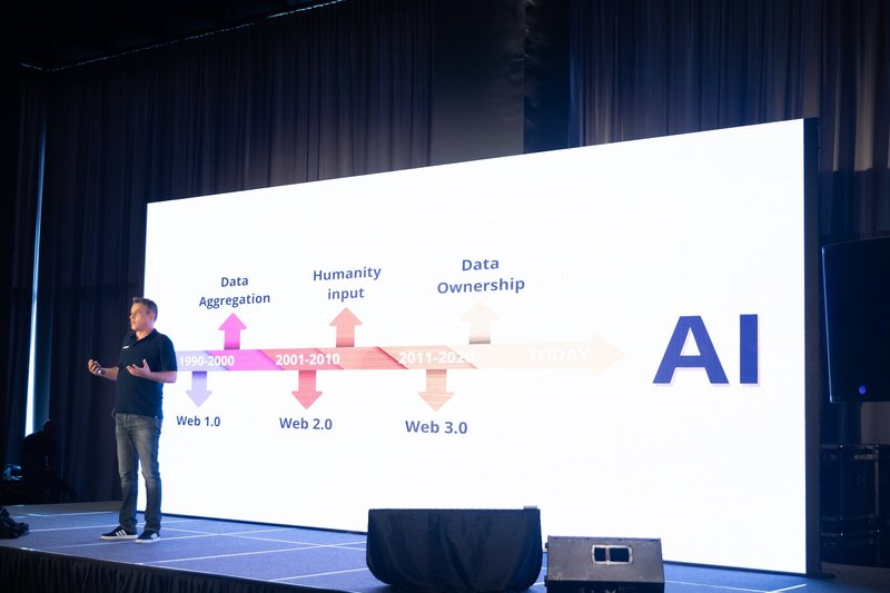 Gregor Zebic on a large conference stage presenting a Web 1.0 to 3.0 evolution slide leading into AI and Data Ownership